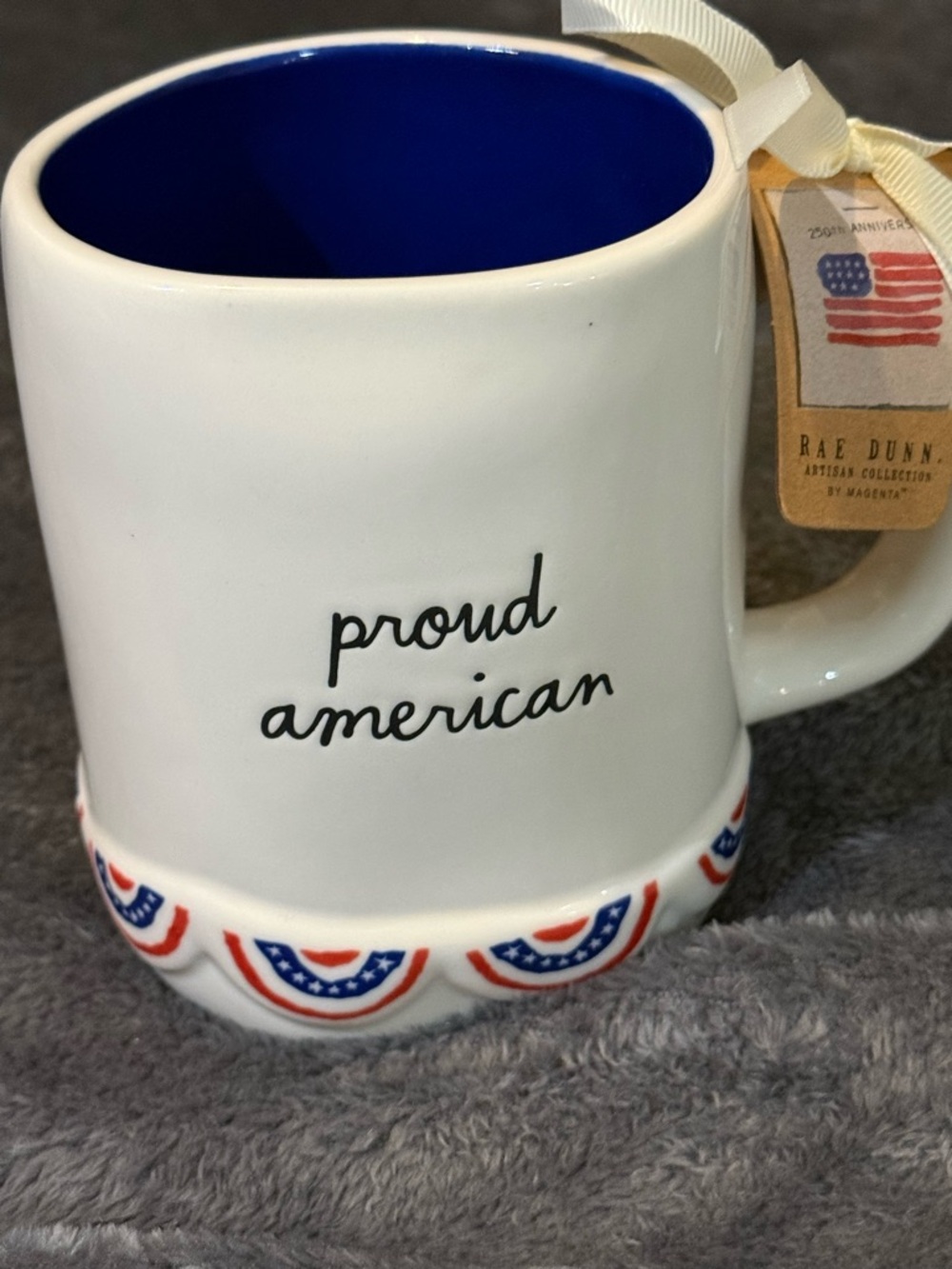 Rae Dunn White Ceramic Mug with Blue Interior and Red Accent